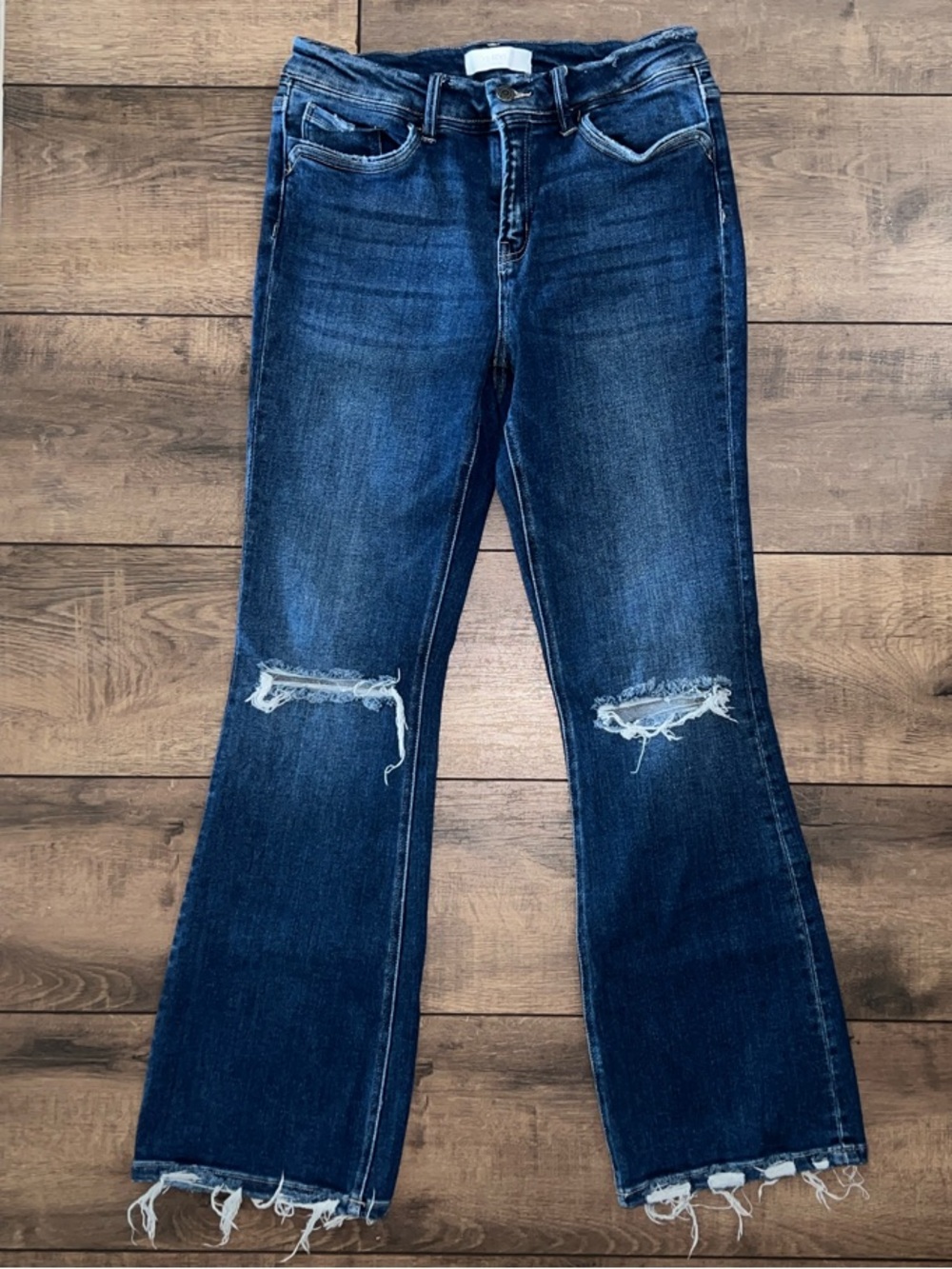 Dark Blue Distressed Flare Jeans - Women's